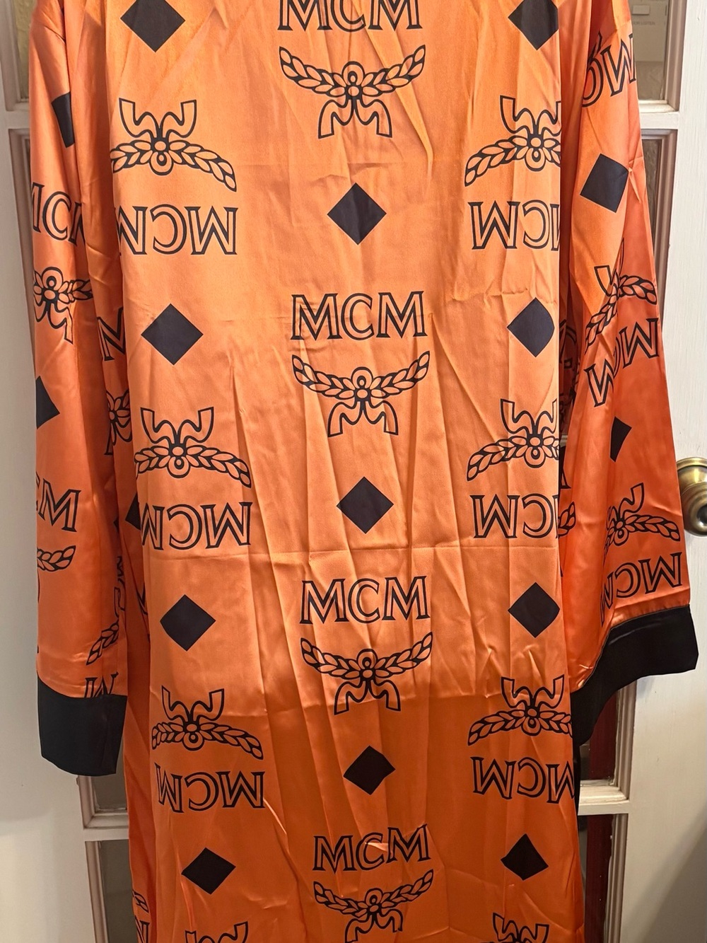 Peach Satin Robe with Black Trim and Tie Belt - Picture 4 of 8